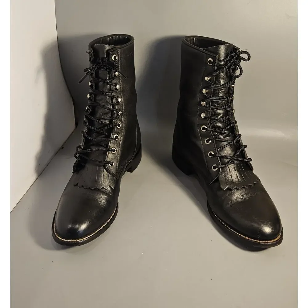 VTG Justin 506 Boots Mens 8 D Black Leather Kiltie Lace Roper Lacer Western USA